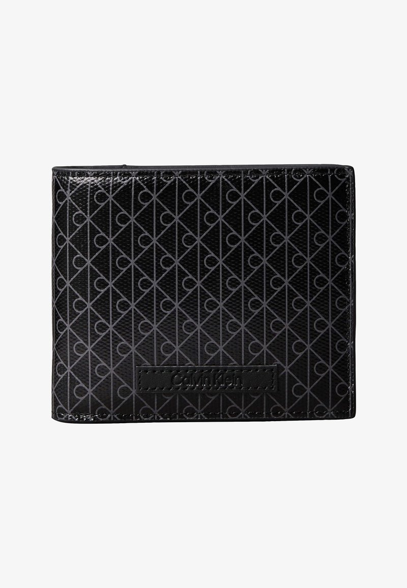 Portefeuille noir Calvin Klein avec un motif géométrique répétitif et un patch logo embossé au centre devant.