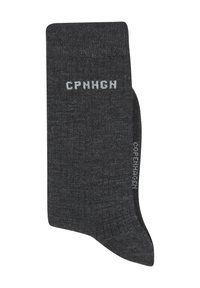 Grau Baumwollsocken mit geripptem Bündchen, bedruckt mit "CPNHGN" in Weiß an der Oberseite und "Kopenhagen" an der Seite.