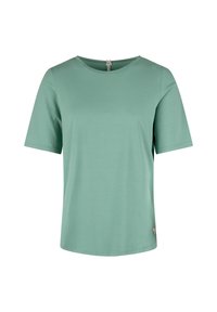 Korte mouwen shirt van lichtgroene stof, met een ronde halslijn en een klein logo-accent aan de onderkant aan de rechterzijde. Soepele textuur.