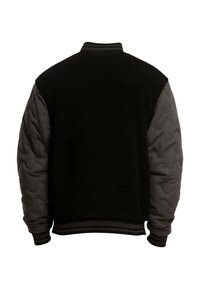 Schwarze Collegejacke mit einem strukturierten Fleecekörper und gesteppte graue Ärmel, mit geripptem Strickkragen und Bündchen.