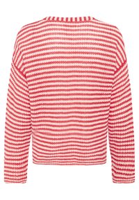 Rød og hvid stribet sweater med en løs pasform, lange ærmer og ribbet halsudskæring. Lavet af tekstureret strikket materiale. Bagview vist.