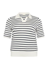 Polo w paski, krótkie rękawy, w kolorze kremowym i granatowym, z kołnierzykiem w kształcie V, miękkim teksturowanym materiałem i luźnym krojem.