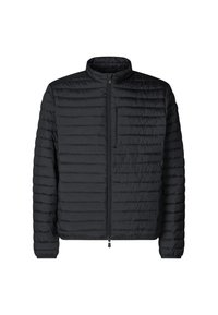 Black quilted jacket with a stand-up collar, front zipper, and a chest pocket. Puffed texture, lightweight material, and fitted design.
