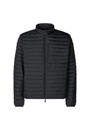 Veste matelassée noire avec col montant, fermeture éclair à l'avant et poche poitrine. Texture rembourrée, matériau léger et design ajusté.