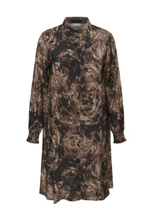 Rochie cu mâneci lungi, cu nasturi, într-un model învârtit de culoare maro și negru. Prezintă un guler și manșete elastice. Confecționată dintr-un material moale.