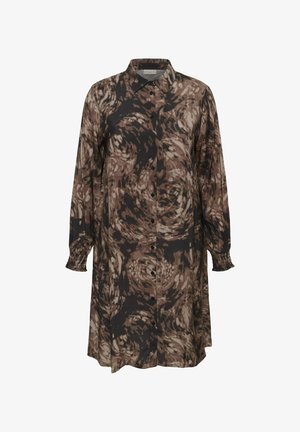 Langarm, knoopsluiting jurk in een draaiend bruin en zwart patroon. Heeft een kraag en elastische manchetten. Gemaakt van zachte stof.