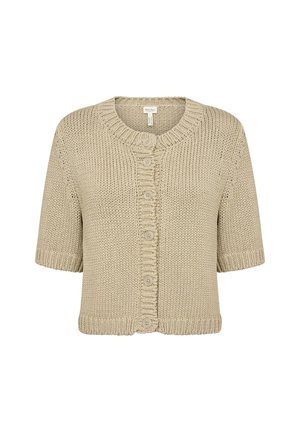 Krátký pletený cardigan v světle béžové barvě, s kulatým výstřihem, pěti velkými knoflíky vpředu a ribbovanými manžetami a spodním lemom.