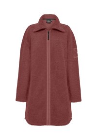 Bordeaux fleece jack met een rits aan de voorkant, kraag, zijzakken en een gestructureerd oppervlak. Voorzien van een logodetail op de mouw.