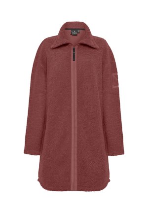 Bordeaux-Fleecejacke mit Reißverschluss vorne, Kragen, seitlichen Taschen und strukturierten Oberflächen. Verfügt über ein Logodetail am Ärmel.