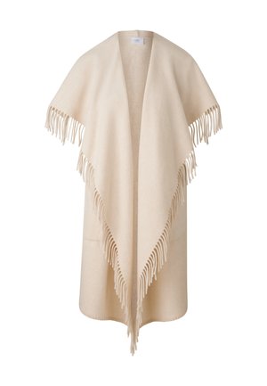 Beige poncho med blød tekstur, der har en åben front, brede ærmer og frynser langs kanten. Indeholder to sidelommer.