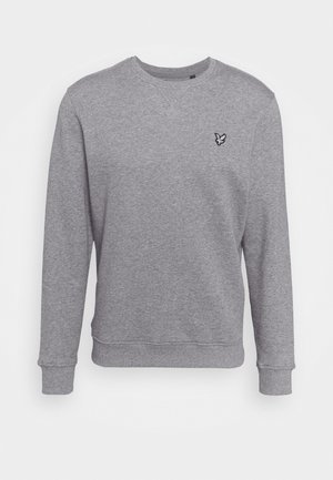 Grijze trui met ronde hals, lange mouwen en een klein zwart-wit vogellogo op de linkerborst.