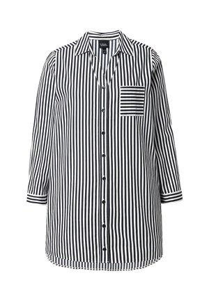 Hemdenhemd mit horizontalen und vertikalen schwarzen und weißen Streifen, einer Brusttasche mit schmalen Streifen und dreiviertellangen �Ärmeln.