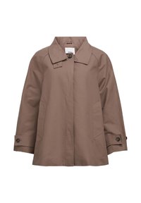 Chaqueta marrón con una silueta relajada, confeccionada en tejido liso. Cuenta con un cuello ancho, cierre frontal con botones y dos bolsillos laterales.