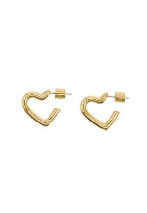 Gold heart-shaped earrings with a smooth, polished surface and a sturdy post backing. Features a unique flowing design.
