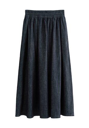 Jupe gris foncé, longueur genou, avec taille élastique froncée et tissu plissé ample qui tombe librement.