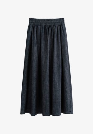 Jupe gris foncé, longueur genou, avec taille élastique froncée et tissu plissé ample qui tombe librement.