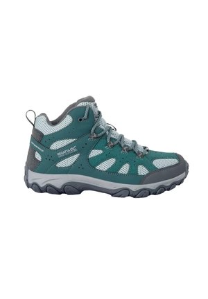 Botte de randonnée imperméable turquoise et grise avec panneaux en mesh, soutien rembourré de la cheville, semelle robuste et design à lacets pour les activités de plein air.
