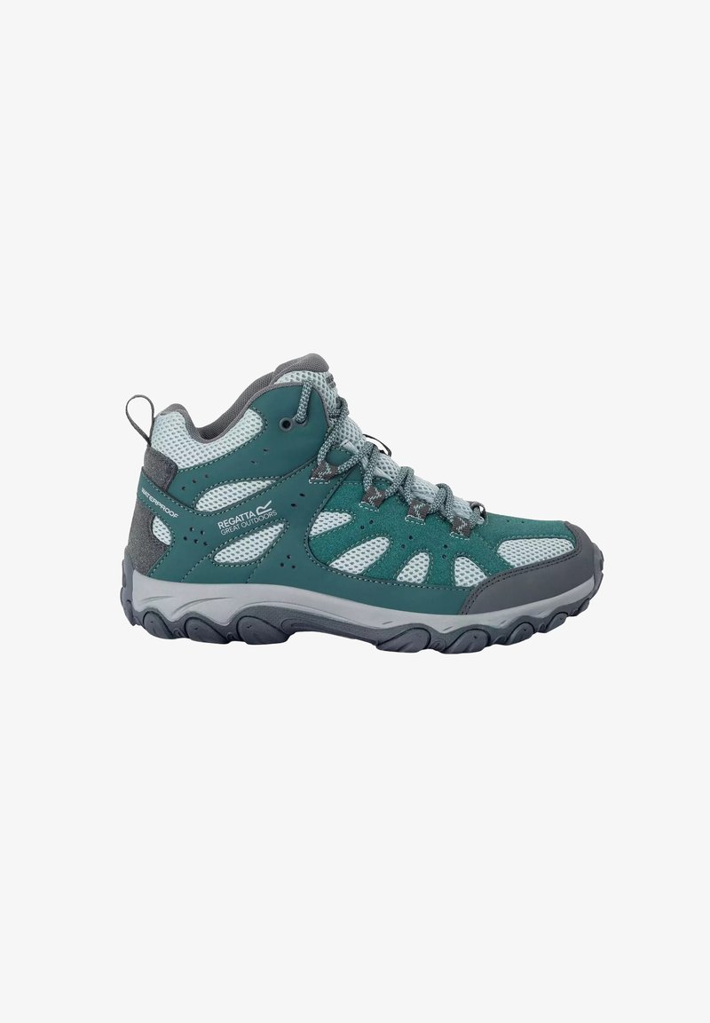 Botte de randonnée imperméable turquoise et grise avec panneaux en mesh, soutien rembourré de la cheville, semelle robuste et design à lacets pour les activités de plein air.