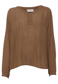 Bruine blouse met lange mouwen, V-hals en een casual pasvorm. De stof heeft een gladde textuur en een subtiele glans. Eenvoudig ontwerp, zonder patronen.