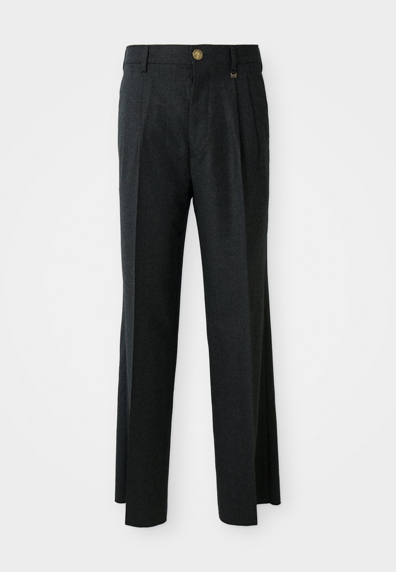 Pantaloni grigio scuro con frontale piatto e pince, dotati di un bottone dorato e chiusura con zip, realizzati in un tessuto misto lana testurizzato.