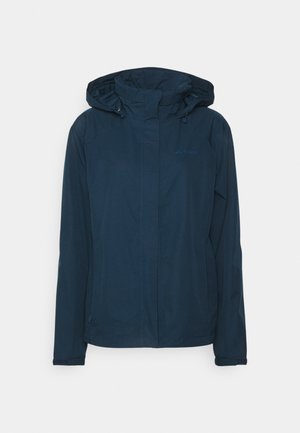 Water-resistant navy jacket with a hood, zippered front, adjustable drawstrings, and logo on the chest. Smooth texture, tailored fit.
