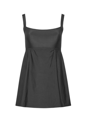 Vestido negro sin mangas con escote cuadrado y parte superior ajustada que se abre en una falda suelta en línea A.