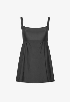 Vestido negro sin mangas con escote cuadrado y parte superior ajustada que se abre en una falda suelta en línea A.