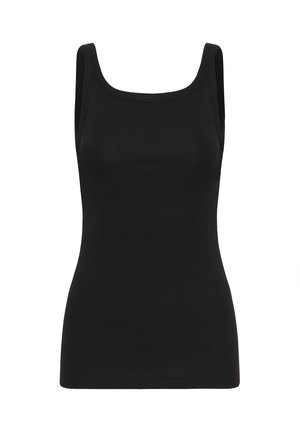 Zwarte mouwloze geribbelde tanktop met brede schouderbanden en een uitlopende halslijn.