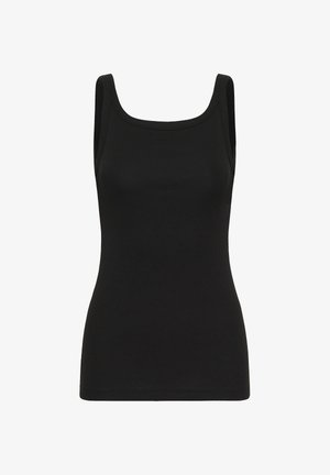 Zwarte mouwloze geribbelde tanktop met brede schouderbanden en een uitlopende halslijn.