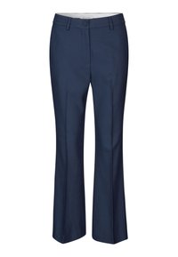 Pantalones ajustados de color azul marino con forma acampanada, frente plano y bolsillos laterales. Fabricados en un tejido suave con un acabado limpio y sin patrones visibles.