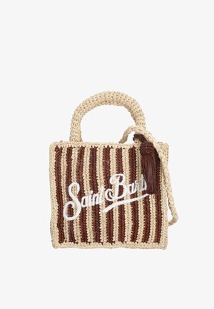 Lille vævet håndtaske med beige og brune lodrette striber, korte flettede håndtag, en kvast og hvid skrift "Saint Barth" på fronten.