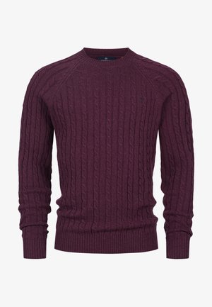 Smilende mand med krøllet hår iført en vinrød kabelstrikket sweater og sorte bukser, stående mod en ensfarvet lys baggrund.