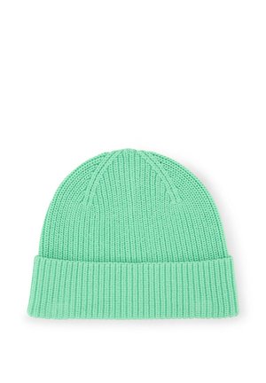 Mint green knitted beanie hat with folded brim and ribbed texture, displayed on a white background.