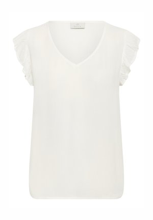 Top blanc à manches courtes avec un décolleté en V et des manches à volants. Tissu léger avec une texture lisse et un design minimaliste.