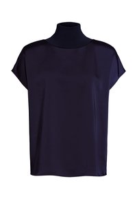 Marineblaues T-Shirt mit kurzen Ärmeln und hohem Rippenkragen, aus einem glatten, glänzenden Stoff gefertigt. Bietet eine lockere Passform und seitliche Nähte.