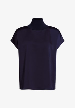 Marineblaues T-Shirt mit kurzen Ärmeln und hohem Rippenkragen, aus einem glatten, glänzenden Stoff gefertigt. Bietet eine lockere Passform und seitliche Nähte.