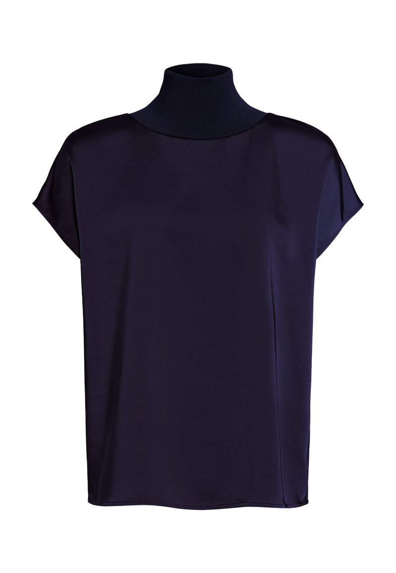 Marineblaues T-Shirt mit kurzen Ärmeln und hohem Rippenkragen, aus einem glatten, glänzenden Stoff gefertigt. Bietet eine lockere Passform und seitliche Nähte.