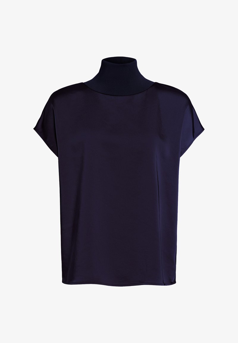 Navy blue short-sleeve top with a high ribbed collar, made from a smooth, shiny fabric. Features a relaxed fit and side seams.
