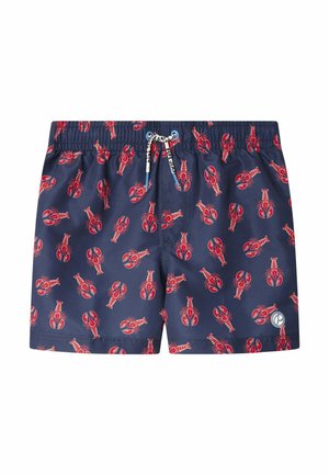 Short de bain bleu marine avec imprimé homard rouge, taille élastique et cordon blanc avec détail de texte noir.