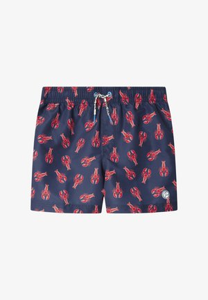 Costume da bagno blu navy con stampa rossa di aragosta, vita elastica e coulisse bianca con dettaglio di testo nero.