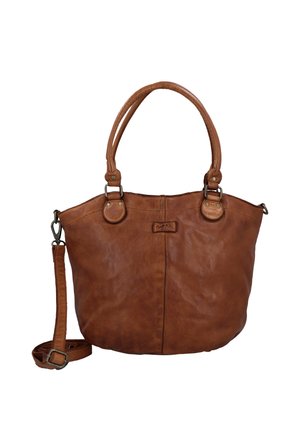 Hnedá kožená kabelka s dvoma hornými rukoväťami a nastaviteľným ramenným popruhom, s hladkou textúrou a jemnými detailmi švov.