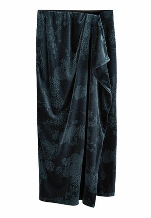 Dunkelgrüßer Samtröcke mit floralem Muster, weicher Textur und drapiertem Design, das eine elegante Silhouette schafft.