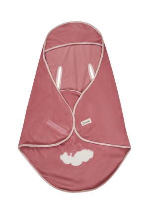 Rosa Kapuzenhandtuch mit weicher Textur, weißem Besatz und einem bestickten Design von einer Wolke und einem Hasen. Inklusive Vordertasche für zusätzlichen Komfort.