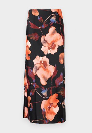 Fustă midi florală cu un fundal negru și flori mari de apă colorate în nuanțe de portocaliu și albastru; material neted cu un ușor luciu.