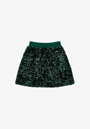 Jupe verte à sequins avec taille élastique ; présente une surface texturée avec des nuances variées de verts et de sequins noirs. Design court et évasé.