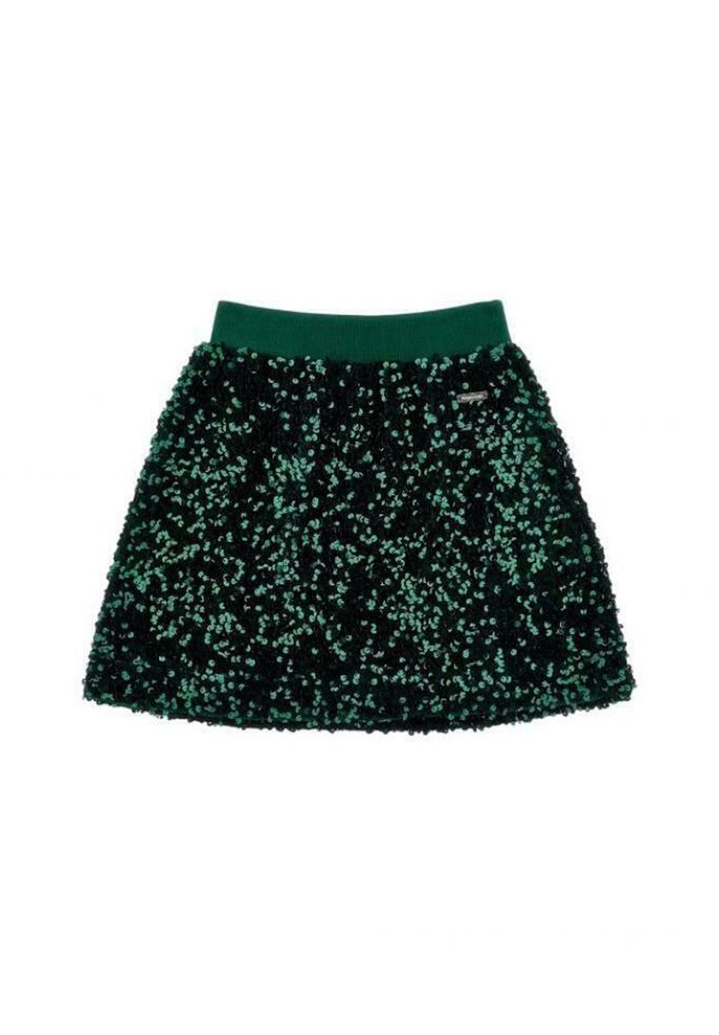 Jupe verte à sequins avec taille élastique ; présente une surface texturée avec des nuances variées de verts et de sequins noirs. Design court et évasé.