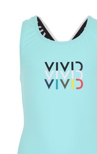 Hellblauer Badeanzug mit einem schwarz-weißen Racerback-Design. Mit einem mehrfarbigen "VIVID"-Logo auf der Vorderseite, glatte Stofftextur.