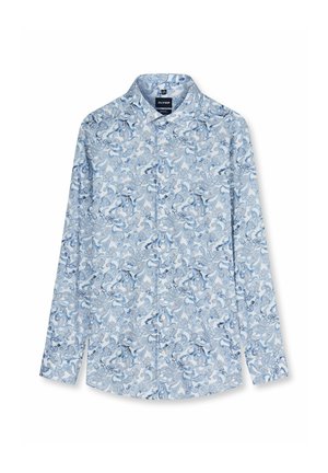 Camicia da uomo a manica lunga con bottoni, motivo paisley blu e bianco, colletto aperto e etichetta del marchio visibile all’interno del colletto.