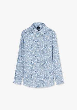 Herren-Langarmhemd mit Knopfleiste, blau-weißem Paisley-Muster, Haifischkragen und sichtbarem Markenetikett innen im Kragen.