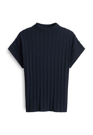 Navy blue ribbed top with a round neckline and short sleeves, featuring a textured pattern throughout the fabric.